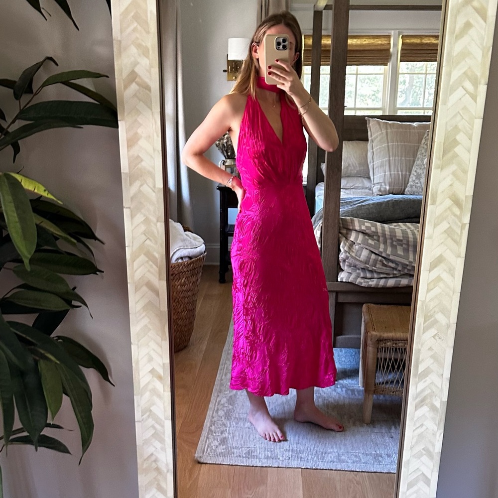 Zara Jacquard Floral Bow Hot Pink Halter Dress